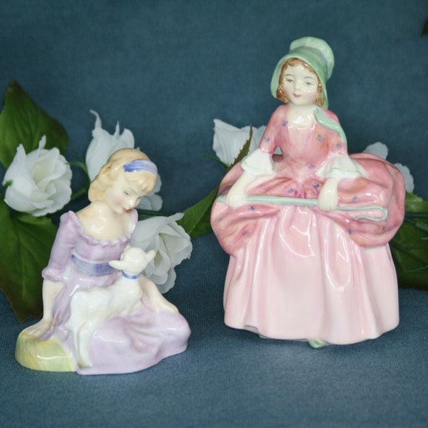 2 adorable handmade and hand decorated English bone china Royal Doulton figurines, Bo Peep HN1811 and Mary Had a Little Lamb HN 2048