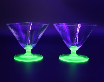 pair of vintage uranium sherbert glasses from the 1930's in the optic swirl design by Fostoria