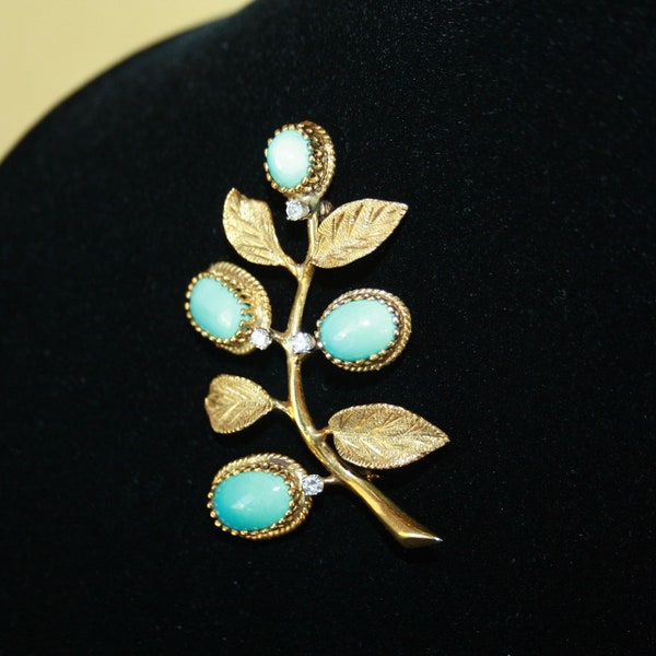 authentic Cellino 18K yellow gold brooch featuring 4 diamonds and 4 turquoise cabochons from the Cellino "Persian" line