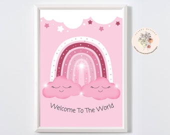 Baby Girl Rainbow Nursery Print, Baby Girl,  Welcome to the World, A4,