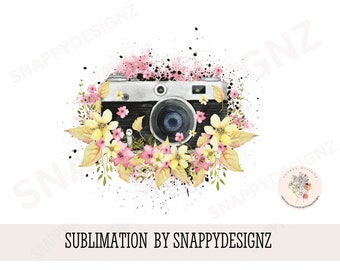 Floral Camera Sublimation Design,  Camera Clipart, Flower Camera, Camera decorated with flowers Sublimation, PNG,