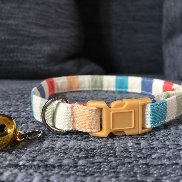 Colorful Striped Cat Collar, Breakaway Cat Collar, Cute Cat Collar, Cotton Fabric Cat Collar, Kitten Collar, Adult Cat Collar