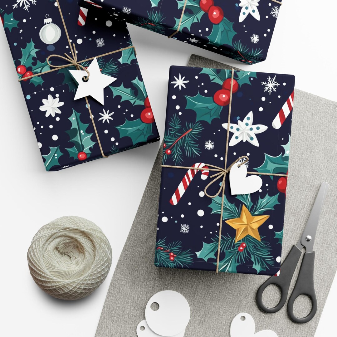 Christmas Wrapping Paper, Holiday Gift Wrap Roll With Holly, Candy ...