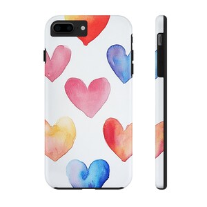 Custodie per telefono resistenti con cuori ad acquerello, dipinte a mano su sfondo rosa, blu, giallo, rosso, arancione e bianco, motivo a cuore, cover protettiva, guscio rigido