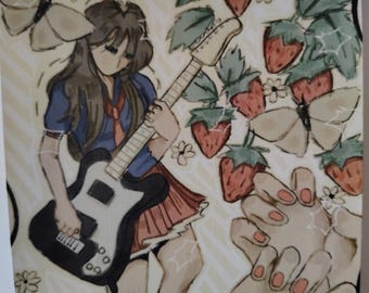 Strawberry's with Girl playing Guitar Print | Anime Art (3.5x3)