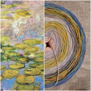 May include: A close-up of a skein of yarn with a multi-colored pattern. The yarn is wound into a circle and the colors are blue, yellow, pink, and white.