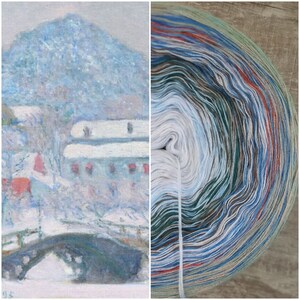 May include: A close-up of a skein of yarn with a gradient of colours, including white, blue, green, brown, and red. The yarn is wound into a tight coil, revealing the different colours in the gradient.