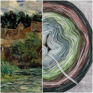 May include: A close-up of a skein of yarn with a multi-colored gradient pattern. The yarn is wound into a ball and shows shades of green, blue, white, pink, and brown.