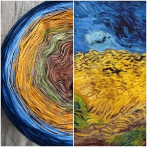 May include: A ball of yarn with a blue, yellow, green, and brown color gradient. The yarn is wound in a spiral pattern, creating a visual effect similar to a painting of a starry night.