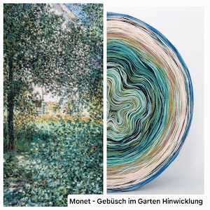 May include: A split image showing a painting of a green, leafy garden scene and a close-up of a colourful yarn cake. The yarn cake displays layers of blue, green, beige, and brown hues. The painting is of a garden.