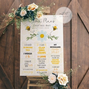 Honey Bee First Birthday Poster, Bee Day Birthday Milestone Stats Poster, Bumble Bee Birthday Board, Digital File, Instant Download File