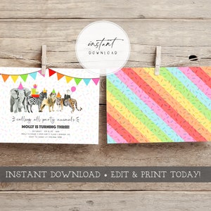 Party Animals Birthday Invitation, Calling all Party Animals Invite, Animals with Party Hats Invitation, Templett, Instant Download Invite