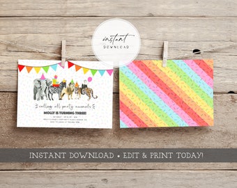 Party Animals Birthday Invitation, Calling all Party Animals Invite, Animals with Party Hats Invitation, Templett, Instant Download Invite