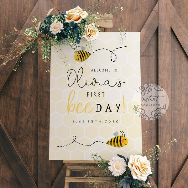 1st First Bee-Day Welcome Sign, 1st Birthday Party Welcome Sign, Digital File Welcome Sign, Instant Download, Templett, Edit On Your Own