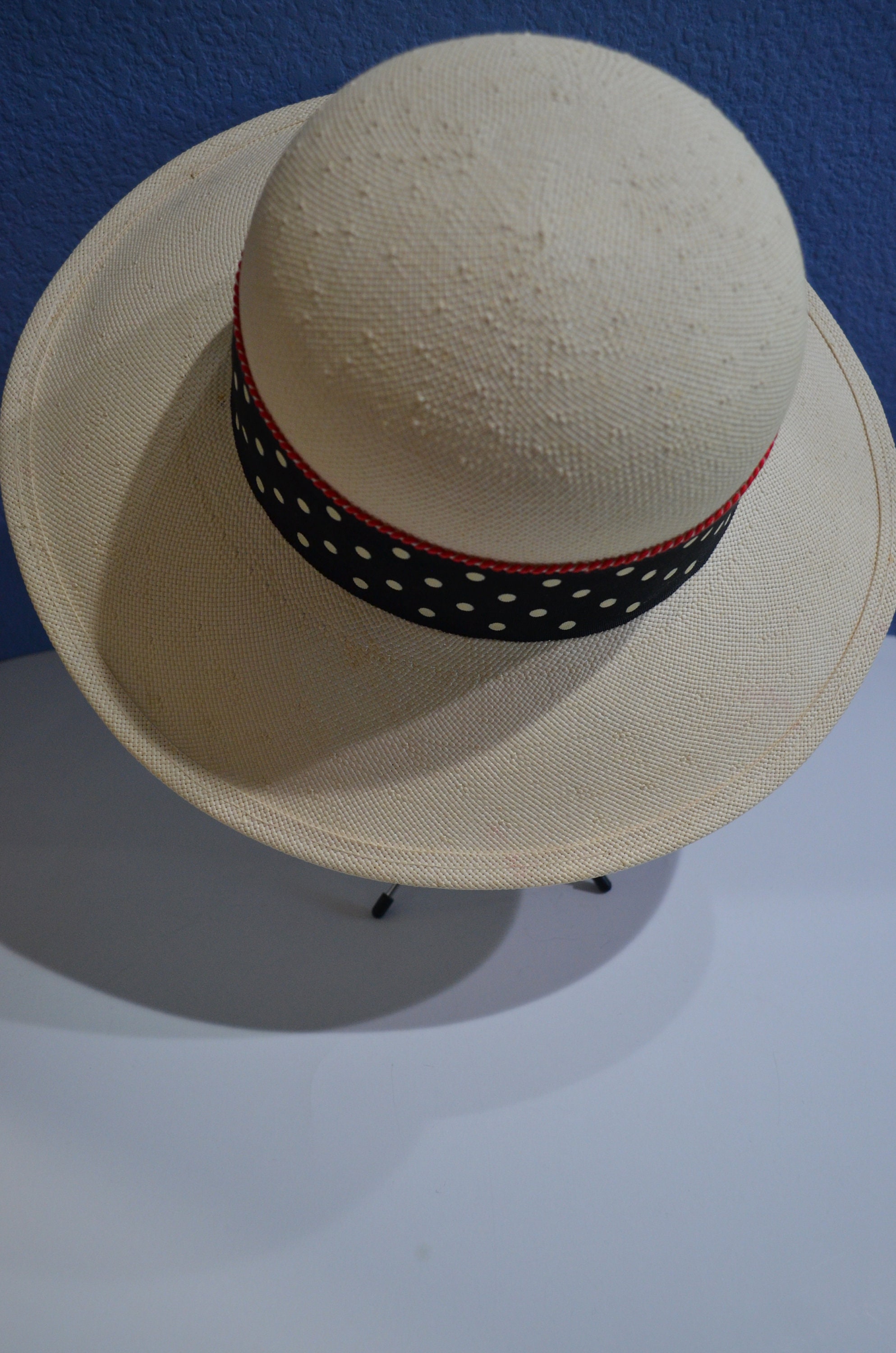 Vintage Wide Brim Beige Straw Hat With Black and Beige Polka Dot Fabric ...