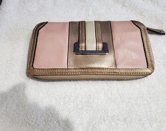Tignanello Soft Pebbled and Metallic Leather Wallet/Clutch, Pink, Gold, Cream , 8 x 4.5