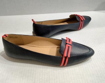 Talbots Francesca Navy Blue Flat with Red and Navy Bow, Size 9.5
