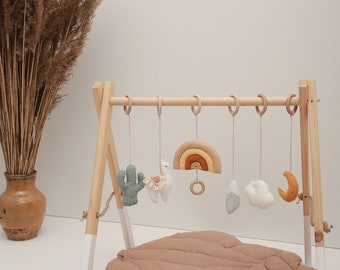 Montessori Infant activity center Boho Handmade by LanaCrocheting Cacti Llama Blooming cactuses shower gift Desert Boho Wood Baby Play Gym Frame with 5 Mobiles Wooden Cactus Mountain 