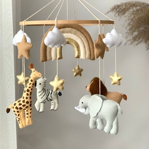 safari mobile nursery, animal mobile, crib mobile, rainbow mobile for nursery, mobile baby lion giraffa elephant zebra, baby shower gift image 1
