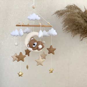 Baby mobile neutral with sleeping bear, beige crib mobile with cloud stars and moon