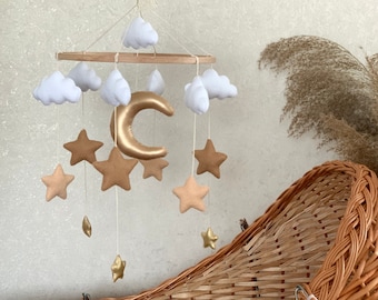 Moon and Stars Baby Mobile: Felt Cloud Nursery Decor