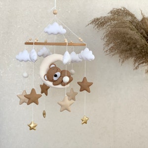 Baby mobile neutral with sleeping bear, beige crib mobile with cloud stars and moon image 10