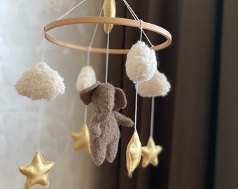 Elephant Baby Mobile: Neutral Nursery Decor with Clouds and Gold Stars