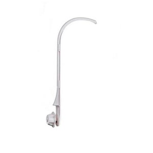 May include: White plastic baby crib mobile arm with a curved arm and a base that attaches to the crib.