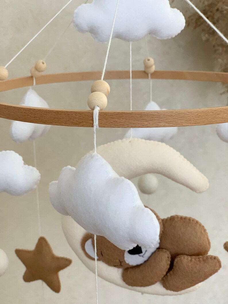 Baby mobile neutral with sleeping bear, beige crib mobile with cloud stars and moon image 5