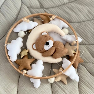 Baby mobile neutral with sleeping bear, beige crib mobile with cloud stars and moon image 3