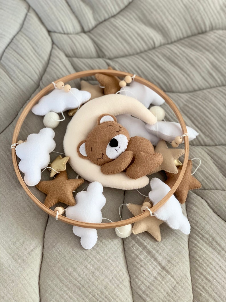 Baby mobile neutral with sleeping bear, beige crib mobile with cloud stars and moon image 3