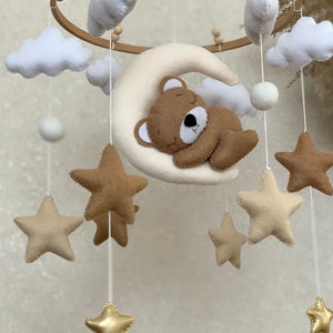 Baby mobile neutral with sleeping bear, beige crib mobile with cloud stars and moon image 8