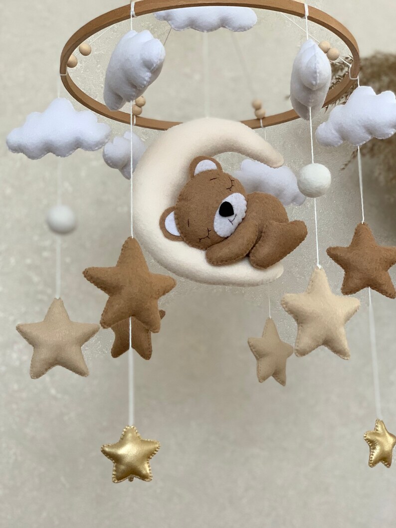 Baby mobile neutral with sleeping bear, beige crib mobile with cloud stars and moon image 8