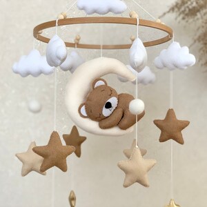 Baby mobile neutral with sleeping bear, beige crib mobile with cloud stars and moon image 2