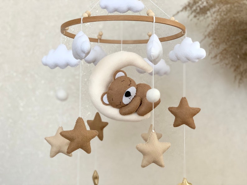 Baby mobile neutral with sleeping bear, beige crib mobile with cloud stars and moon image 2