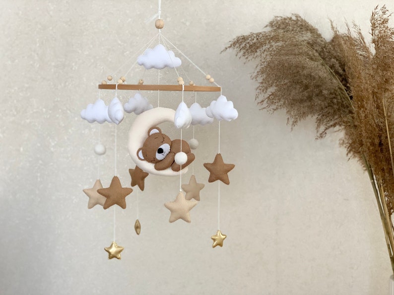 Baby mobile neutral with sleeping bear, beige crib mobile with cloud stars and moon image 1