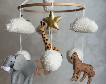 Safari Nursery Mobile: Felt Lion, Giraffe, Zebra, Elephant