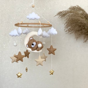 Baby mobile neutral with sleeping bear, beige crib mobile with cloud stars and moon image 4