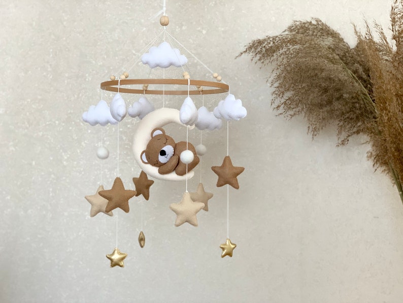 Baby mobile neutral with sleeping bear, beige crib mobile with cloud stars and moon image 4