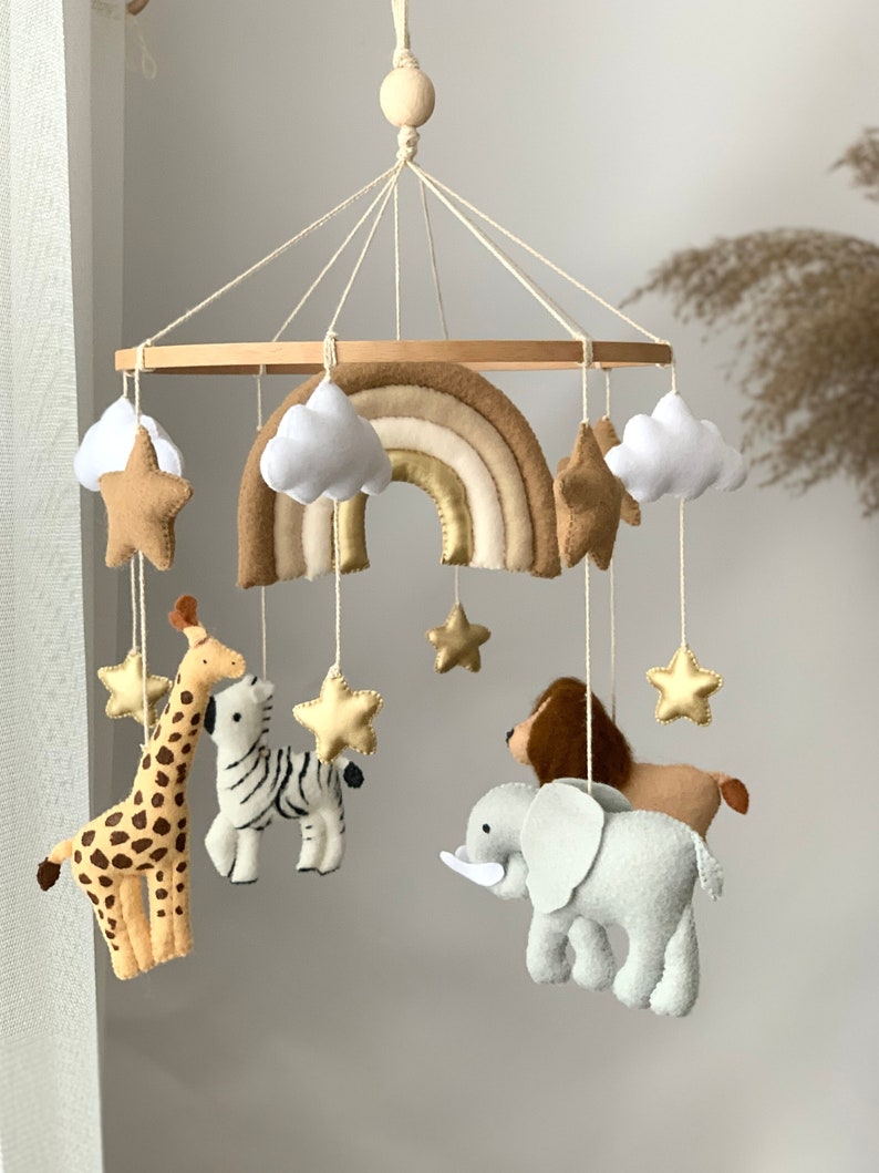 safari mobile nursery, animal mobile, crib mobile, rainbow mobile for nursery, mobile baby lion giraffa elephant zebra, baby shower gift image 1