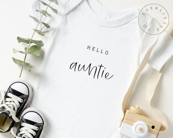 Hello Auntie Onesie®, Cute Pregnancy Reveal to Aunt, Funny Pregnancy Announcement to Sister, Auntie's Favorite Baby Outfit Ideas