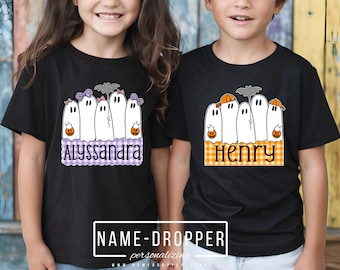 Personalized Boy Halloween Ghost Shirt: Orange Plaid Baseball Cap Tee