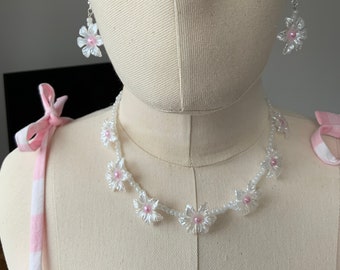 Pink and white flower necklace and earrings jewellery set and hair bow