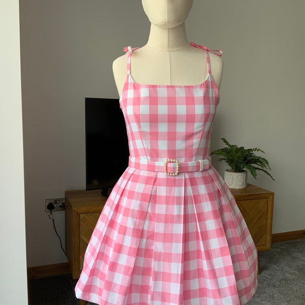 1 *READY TO SHIP*Light Pink and white gingham check dress 50s style with matching bow Uk size 8