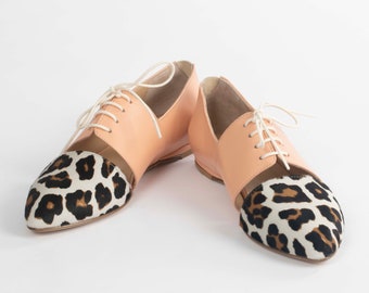 Flat Shoes for Women Ethically Handmade - Lordess Sapien Women's Leather Oxford Ballet Flats - Peach Leopard Animal Print