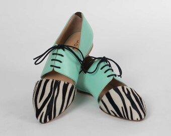 Flat Shoes for Women Ethically Handmade - Lordess Nomad Women's Leather Oxford Ballet Flats - Neo Mint Zebra