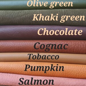 May include: A color palette showcasing various leather swatches. Colors include black, burgundy, petrol blue, dark teal, forest green, olive green, khaki green, chocolate, cognac, tobacco, pumpkin, salmon, beige, light taupe, sand, and off-white.