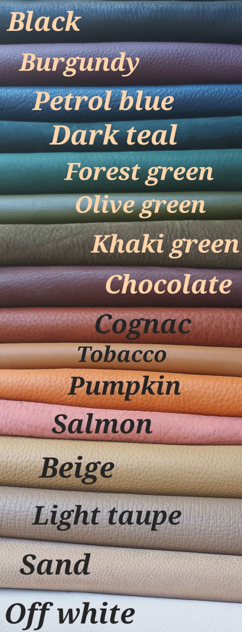May include: A color palette showcasing various leather swatches. Colors include black, burgundy, petrol blue, dark teal, forest green, olive green, khaki green, chocolate, cognac, tobacco, pumpkin, salmon, beige, light taupe, sand, and off-white.
