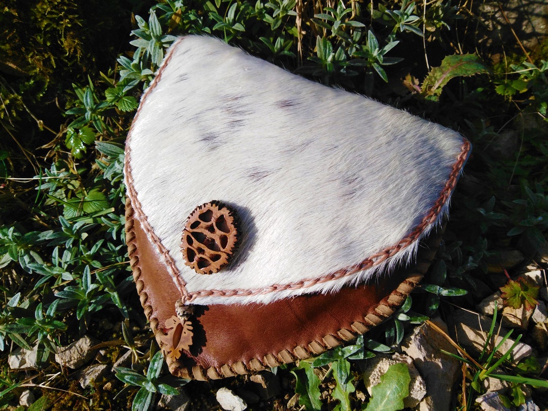 Handmade Leather Hip Bag With Goat Fur and Wild Black Walnut// Bohemian