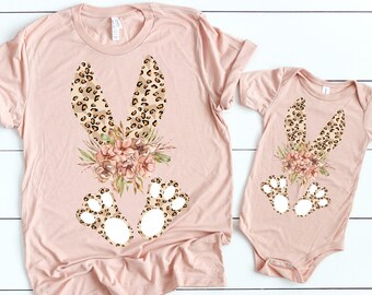 Leopard Bunny shirt, Easter shirt, Rabbit shirt, Mommy and Me Easter shirt, Matching Easter shirts, Mother Daughter shirts, Floral Bunny tee